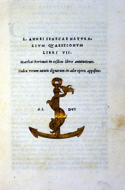 Frontispice de « Naturalium Questionum Libri VII » par Sénèque le Philosophe, imprimé en 1503 par Aldo Manuzio - Italian School