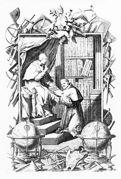 Frontispice de Biblioteca Universale Sacro-Profana, Vol. 1 par Vincenzo Coronelli, gravure réalisée par Alessandro dalla Via, publié en 1701 - Italian School