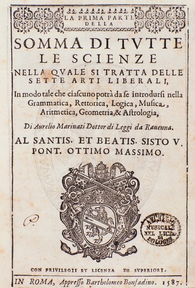 Frontispice tiré de Somma di tutte le scienze, essai sur les arts libéraux, par Aurelio Marinati - Italian School