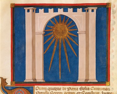 Porte du Soleil, miniature du Registre des Notaires de Pérouse, manuscrit, Italie, 14ème siècle - Italian School