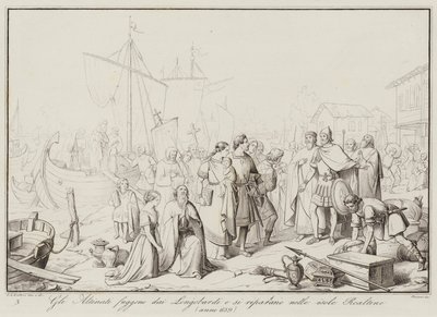 Les Altinati fuient les Lombards et se réfugient dans les îles Realtine, 639 (gravure) - Italian School