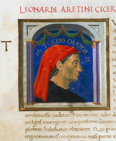 Page illuminée avec profil de Cicéron, Volume I, gauche 1, f 303 r, Vitae virorum illustrium, par Plutarque (ca 46-127), manuscrit, Italie - Italian School
