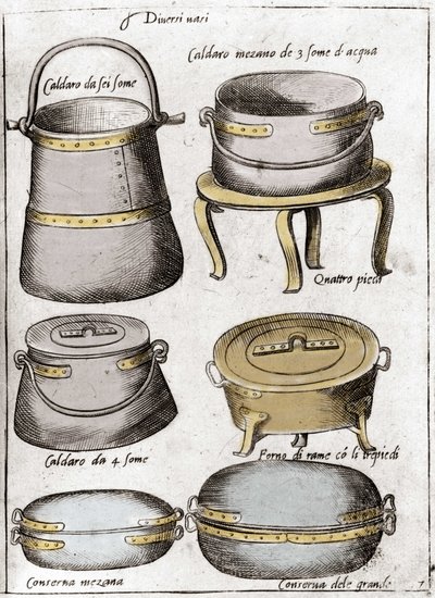Ustensiles de cuisine : Assiette représentant différents types de pots, marmites, chaudrons. Gravure de « Opera », livre de gastronomie en 6 parties, par Bartolomeo Scappi, cuisinier personnel du pape Pie V. Venise - Italian School
