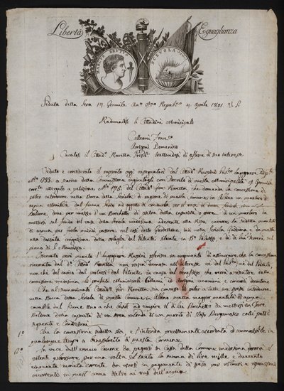 Lettre en italien, avec une représentation de la tête de Brutus le Jeune, une main brûlante représentant Gaius Mucius Scaevola, et la devise de la Révolution française - Italian School