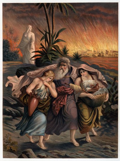 Loth échappe à la destruction de Sodome avec ses deux filles et sa femme est transformée en statue de sel - dans "Aurea Bibbia classica: storia della rivelazione divina nell