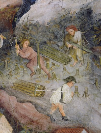 Bûcherons au travail. Abattage des arbres dans la forêt - Italian School