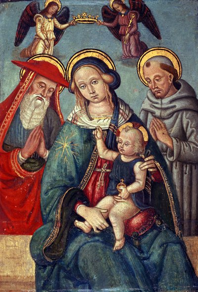 Madonna et Enfant couronnés par deux anges, avec Saint Jérôme et Saint François, c.1500 - Italian School