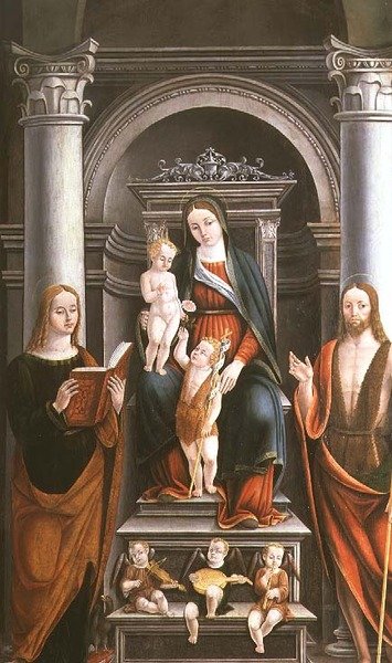 Madone et Enfant recevant une rose du petit Saint Jean-Baptiste, avec des saints et des anges par M.B. (monogramme) - Italian School