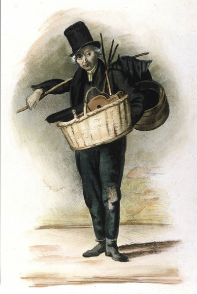 Métier milanais : un réparateur de parapluies, ombrelles et soufflets. Gravure de Locarno de 1830 - Italian School