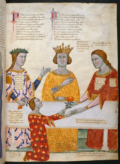Miniature du Jugement de Pâris, avec Pallas Athéna, Junon et Vénus assises à une table, et Pâris donnant une branche d