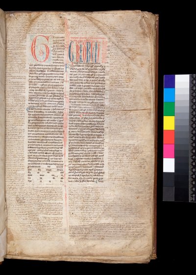 Ms 213. Grégoire IX, Decretales avec Apparatus par Bernardo Botone de Parme, F.1r. Initiale [G] en rouge avec décoration réservée et à la plume bleue - Italian School