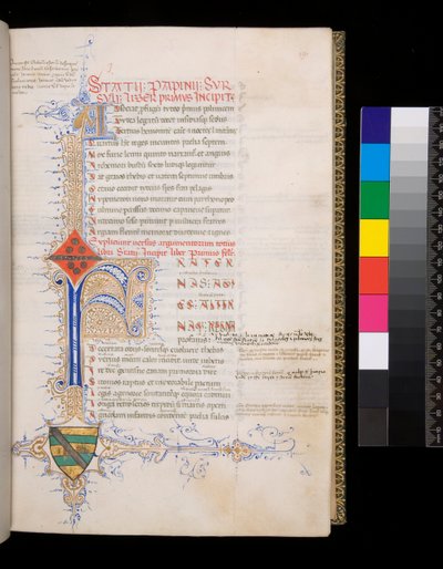 Ms 329. Statius, Thebaid, f.19r. Initiale illuminée [F] en bleu avec décoration réservée pour l
