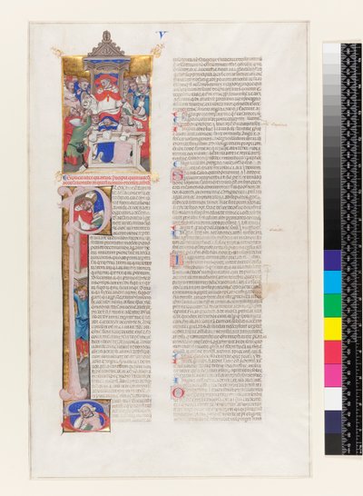 Ms 331 fol.1r Page de texte avec une initiale historiée P et une miniature représentant un cardinal sur son trône, du Livre V des Décrétales de Grégoire IX, de Bologne, vers 1350 - Italian School