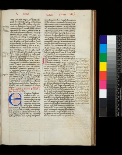 Ms 342. César, Opera, f.38r. Initiale [E] en bleu avec décoration à la plume en rouge - Italian School