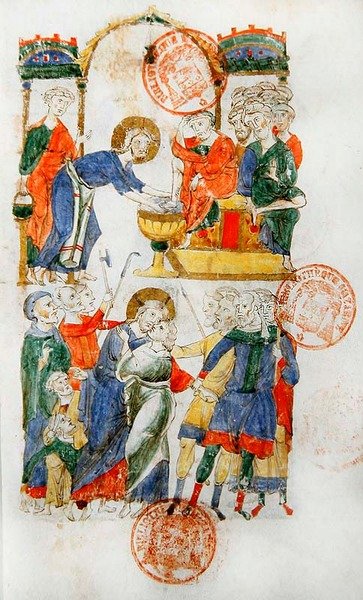 Ms 364 Jésus lave les pieds des disciples pendant la Cène et le baiser de Judas, du Bréviaire de Monte Cassino - Italian School