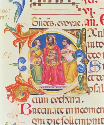 Initiale historiée O représentant le roi David et deux anges, du Psautier de Santa Maria Novella, illuminé par Paolo Soldini (fl.1342-86) 1379 - Italian School
