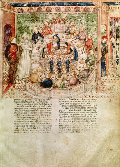 Ms Fr 343 fol.3 Sir Galahad est accueilli à la Table Ronde, de la Queste del Saint Graal, c.1380-85 - Italian School