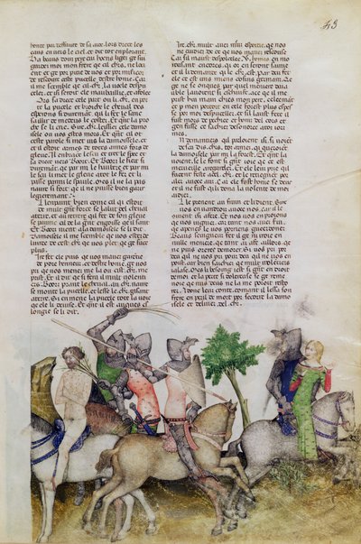 Un chevalier de la Table Ronde, Sir Bors, est forcé de choisir entre sauver son frère Lionel ou sauver une demoiselle, de la Quête du Saint Graal, vers 1380-85 - Italian School