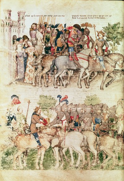 Ms Fr 343 fol.8v Arthur et ses chevaliers partant à la quête du Saint Graal, de la Queste del Saint Graal, c.1380-85 - Italian School