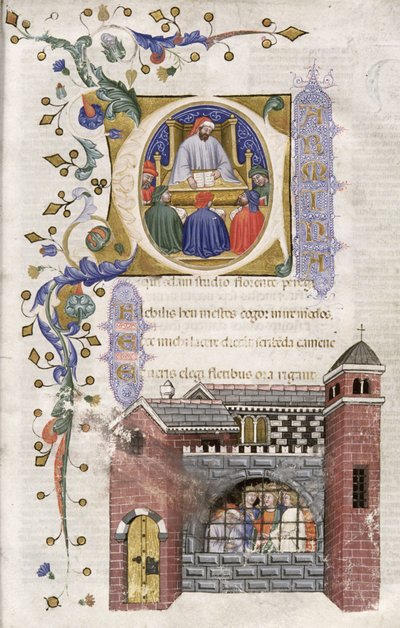 Boèce avec des étudiants en prison, de De Consolatione Philosophiae cum Commento, 1385 - Italian School