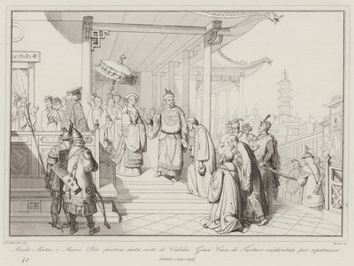 Nicolo Matteo et Marco Polo quittent la cour de Kubilai Khan des Tartares occidentaux pour rentrer chez eux - Italian School
