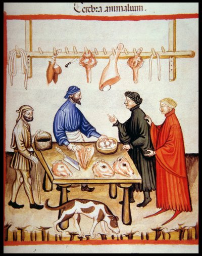 Nova 2644 fol.77r Boucherie, vente de cerveaux, du Tacuinum Sanitatis Codex Vindobonensis - Italian School