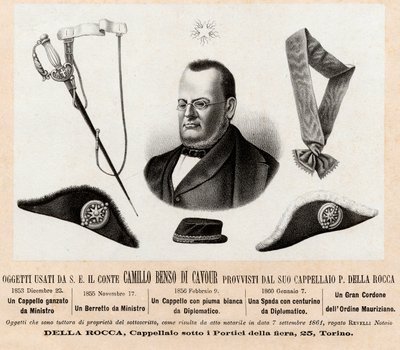 Objets utilisés par Camillo Benso comte de Cavour (1810-1861) - chapeaux et insignes de ses fonctions politiques et diplomatiques, avec le grand cordon de l