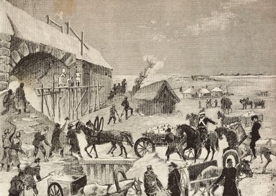 Une des forteresses en construction à la frontière de la Russie, gravure d