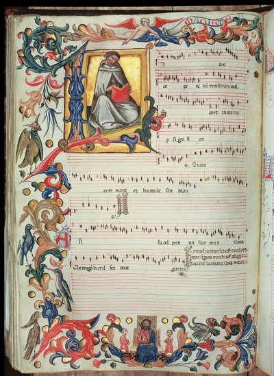 Page de notation musicale avec initiale historiée, du Codex Squarcialupi, produit au monastère florentin de S. Maria degli Angeli - Italian School