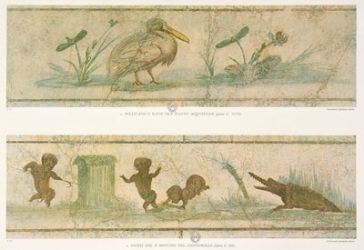 Pélicans, plantes aquatiques et pygmées fuyant devant un crocodile, d