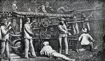 Machine de forage pneumatique créée par Giovanni Battista Piatti et perfectionnée par Germano Sommeiller (1815-1871), gravure, Italie - Italian School