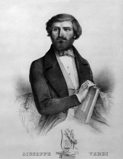 Portrait du compositeur italien Giuseppe Verdi (1813 - 1901) en 1844 avec la partition de l