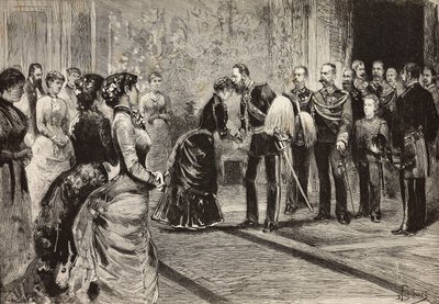 La reine Margherita et Umberto I recevant le prince héritier d