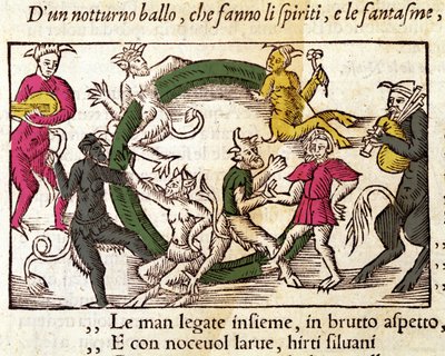 Cérémonie du sabbat avec des sorcières. Gravure par Olaus Magnus (1490 - 1557), religieux et géographe suédois, « Historia de Gentis Septentrionalibus », Venise - Italian School