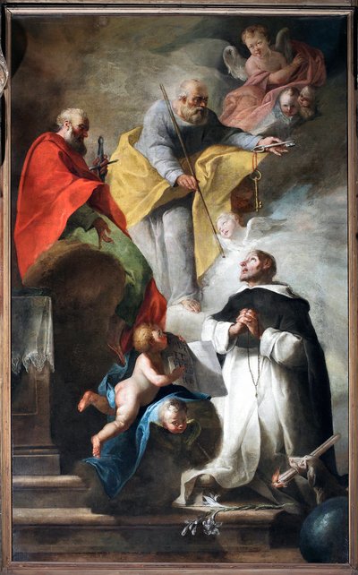 Saint Dominique recevant le bâton de pèlerin et le livre où est inscrit « Vade et prêche » des mains des saints Pierre et Paul - Italian School