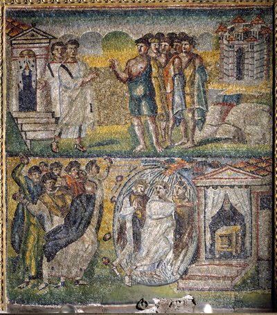 Scènes de la vie de Moïse : le retour des douze espions envoyés par Moïse en terre promise, tentative de lapidation de Moïse - Italian School