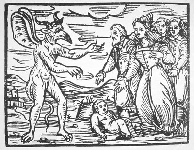 Sorcier présentant un enfant au diable, du Compendium Maleticarum par Fr M Guaccius (1608) illustré dans une histoire de la magie publiée à la fin du 19e siècle - Italian School