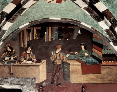 Atelier de tailleur. Un homme coud, un autre coupe le tissu et un troisième vend le textile à un client. Fresque du Château d