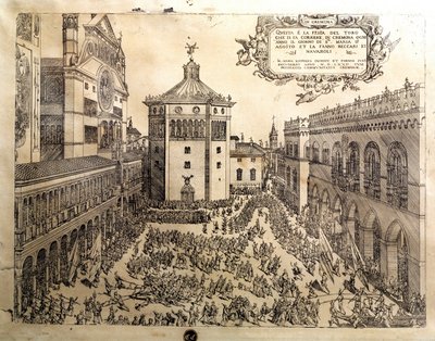 La fête du Taureau sur la grande place de Crémone en Italie. Gravure du XVIe siècle. Crémone, Museo Civico Italie - Italian School