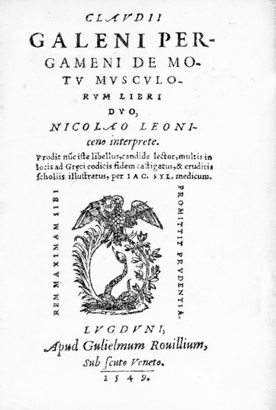 Page de titre de Claudii Galeni Pergameni De Motu Musculorum Libri Duo, une collection d