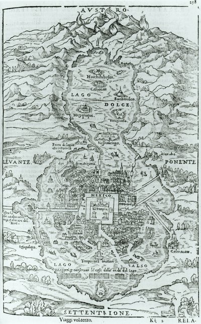 Vue du nord de la ville aztèque de Tenochtitlan, de Relatione della Citta del Temistitan par Giovanni Battista Ramusio, publié à Venise en 1606 - Italian School