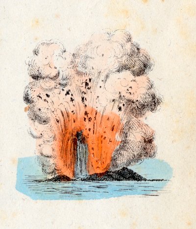 Volcan des îles Éoliennes en éruption, avec une haute gerbe de lave accompagnée dans l