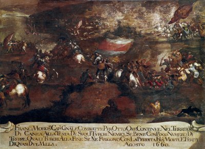 Guerre de Candie (Crète) : Bataille de La Canée menée par Francesco Morosini en août 1660 - Italian School