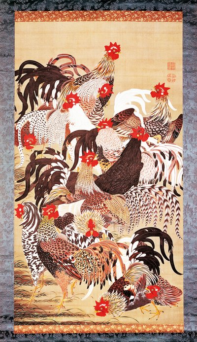 Treize coqs, de Doshoku Sai-e (Royaume coloré des êtres vivants) Période Edo. vers 1757-66 (couleur sur soie) - Ito Jakuchu