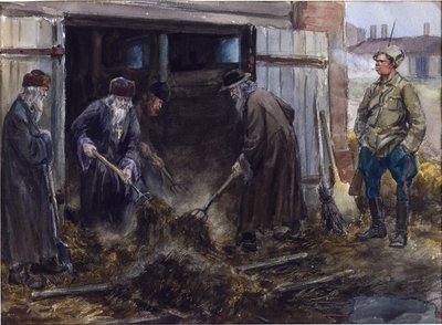 Un groupe de prêtres russes forcés de nettoyer les écuries de la caserne par Vladimirov, Ivan Alexeyevich - Ivan Alexeyevich Vladimirov