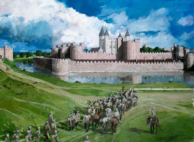Vue reconstituée de la Tour de Londres, montrant la courtine extérieure achevée par le roi Édouard Ier en 1300 - Ivan Lapper