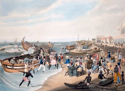 Débarquement à Madras, gravé par C. Hunt, publié par Ackermann et Co., 1856 - J.B. East