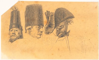 Préparation pour trois des têtes de la gravure : Frédéric le Grand rentre chez lui après une revue à Potsdam - J.F. Clemens