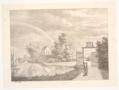Le jardin de Sanderumgaard avec arc-en-ciel. Au premier plan, deux hommes près d