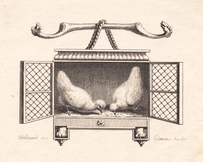 Vignette représentant deux poules picorant du grain - J.F. Clemens
